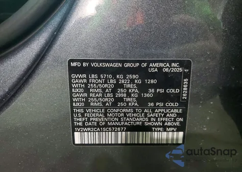2025 Volkswagen Atlas Se z USA, uszkodzony, nr VIN 1V2WR2CA1SC572677